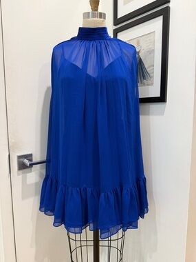 Alice + Olivia Royal Blue Sheer Mini Dress with Ruffle Hem